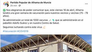 El PP Alhama anuncia la vacunación de 75 a 79 años el viernes