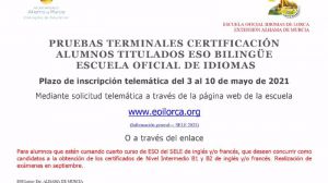 Abierto el plazo para las pruebas de certificación de ESO bilingüe