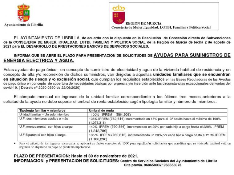 Abierto el plazo de ayudas al pago de luz y agua en Librilla