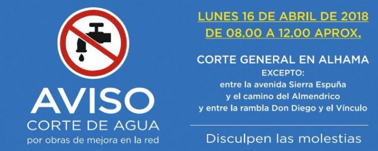 Corte general en el suministro de agua el próximo lunes