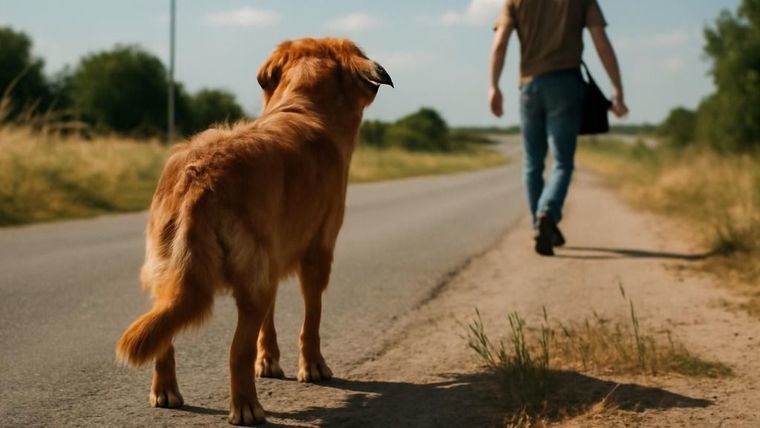 -[Estilo fotográfico realista] Una imagen realista de plano general de un perro que ve como está siendo abandonado por su dueño. Trata de perseguir a su sueño, pero no lo consigue. Es verano