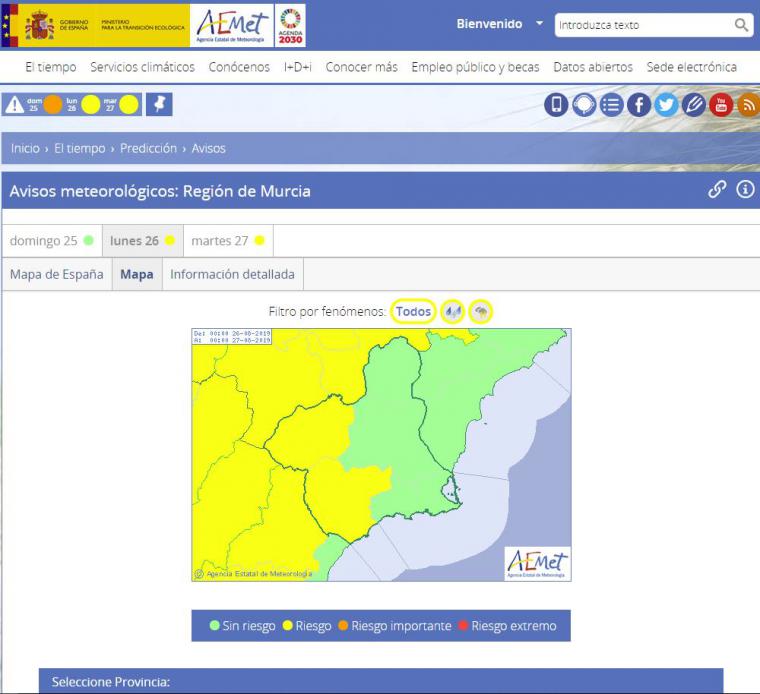 Alerta amarilla por lluvias y tormentas el lunes por la noche