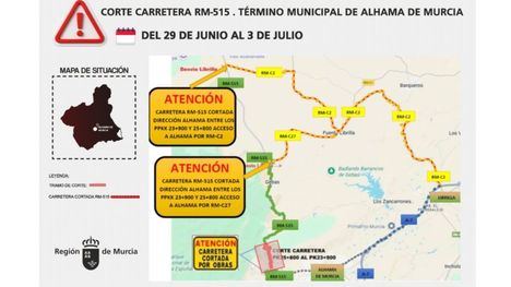 Corte de un tramo de la RM-515 en El Berro por trabajos de poda y saneo del arbolado