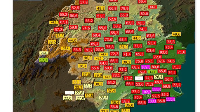 La lluvia deja más de 70 litros por metro cuadrado en Alhama