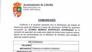 Últimas medidas especiales, informa la Policía Local de Librilla