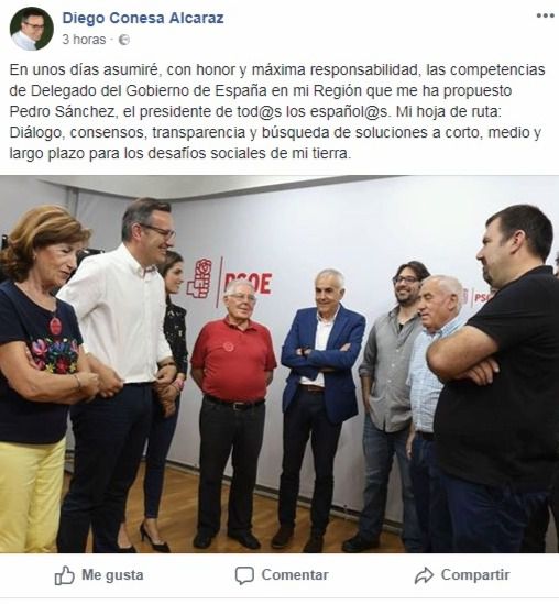 Conesa anuncia en las redes sociales que será delegado del Gobierno