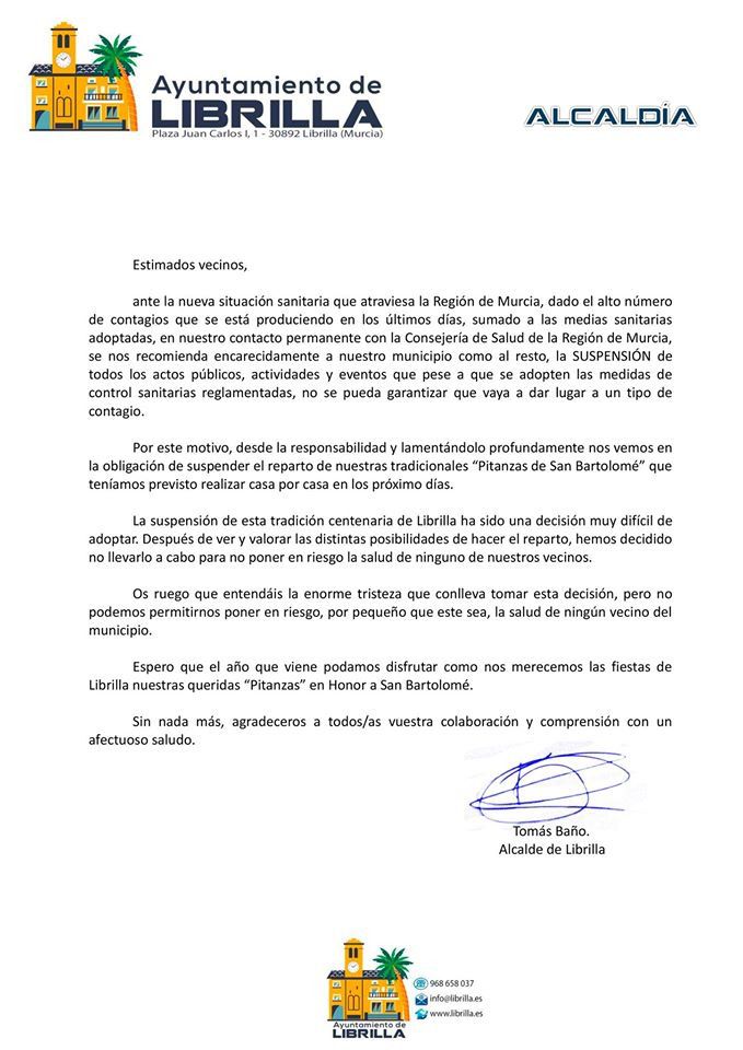 Suspendidas las Pitanzas en Librilla por el Covid19