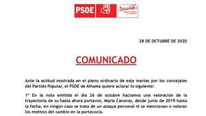 Comunicado del PSOE tras la marcha del PP del pleno