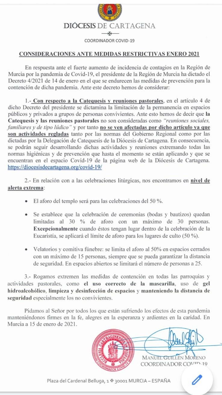 El aforo es del 50% en celebraciones, según la Diócesis