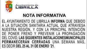 Librilla prorroga el cierre de instalaciones una semana más